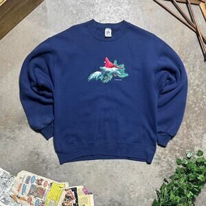 Vintage 90s Cardinal Bird Embroidered Crewneck Mens Large Navy Blue Sweatshirt